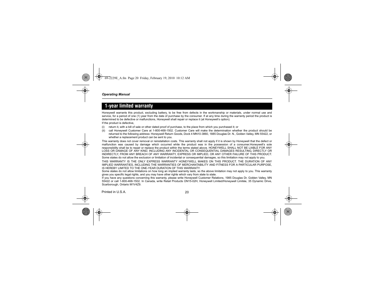 Year limited warranty | Honeywell RTH2310 User Manual | Page 22 / 44