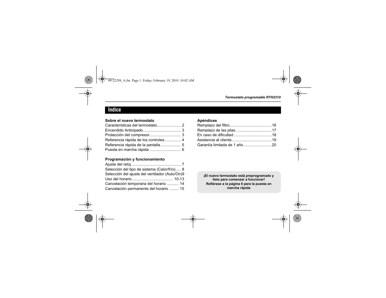 Índice | Honeywell RTH2310 User Manual | Page 25 / 44