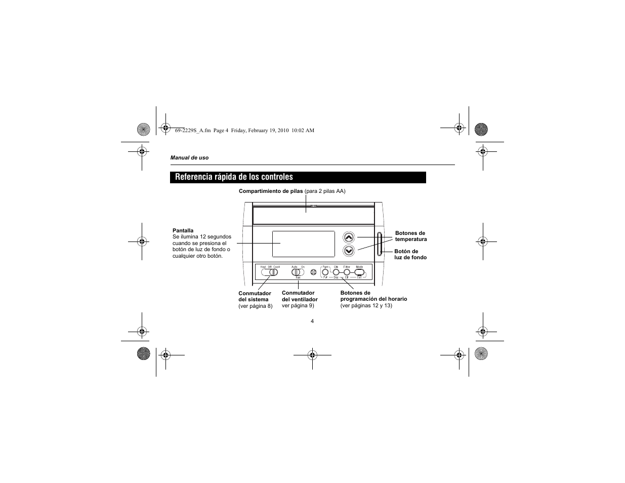 Referencia rápida de los controles | Honeywell RTH2310 User Manual | Page 28 / 44