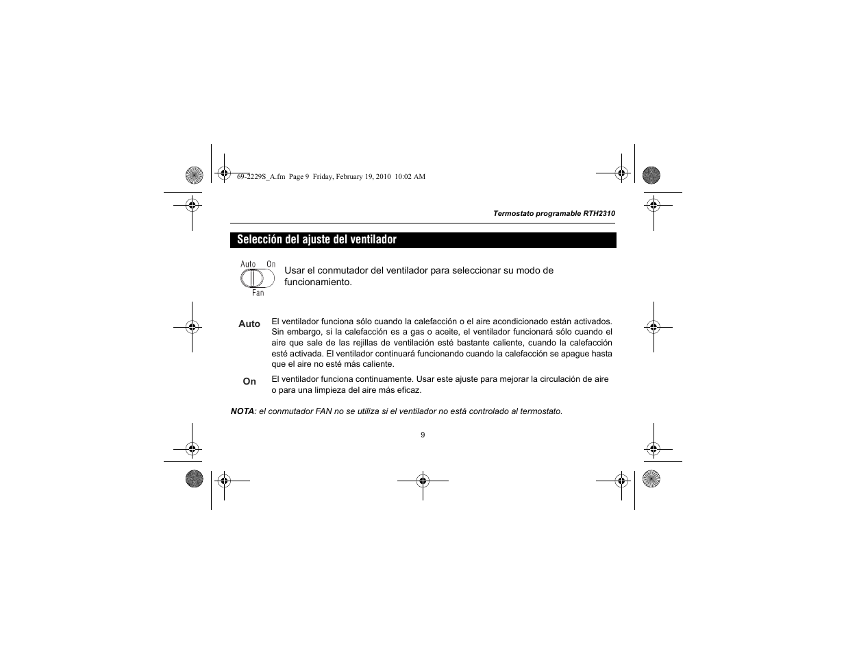 Selección del ajuste del ventilador | Honeywell RTH2310 User Manual | Page 33 / 44