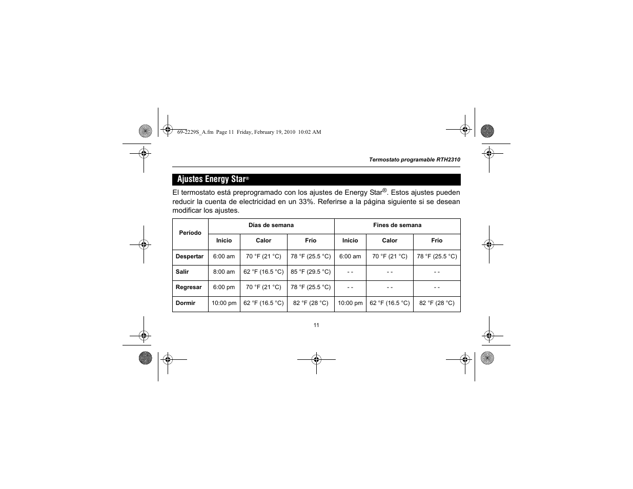 Ajustes energy star | Honeywell RTH2310 User Manual | Page 35 / 44