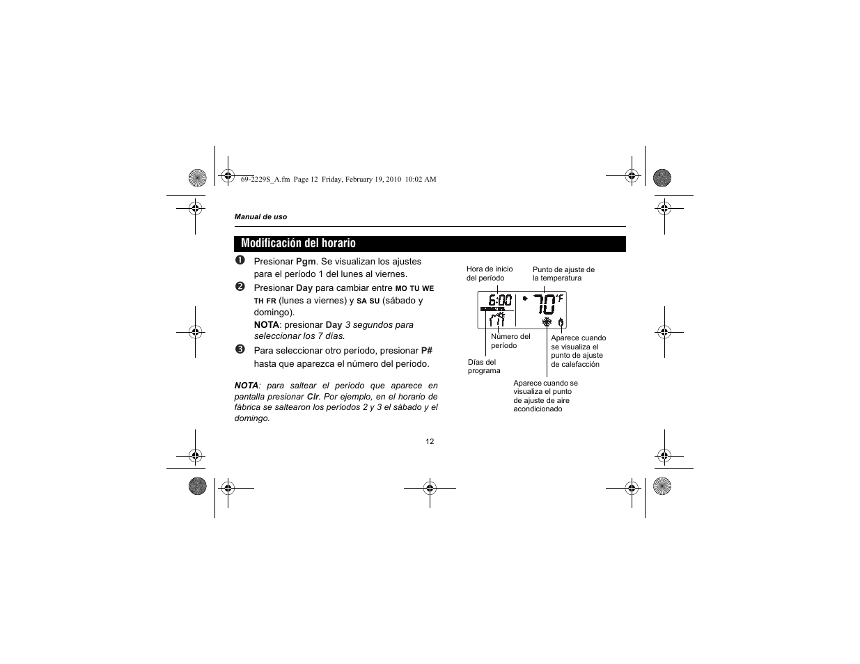 Modificación del horario | Honeywell RTH2310 User Manual | Page 36 / 44