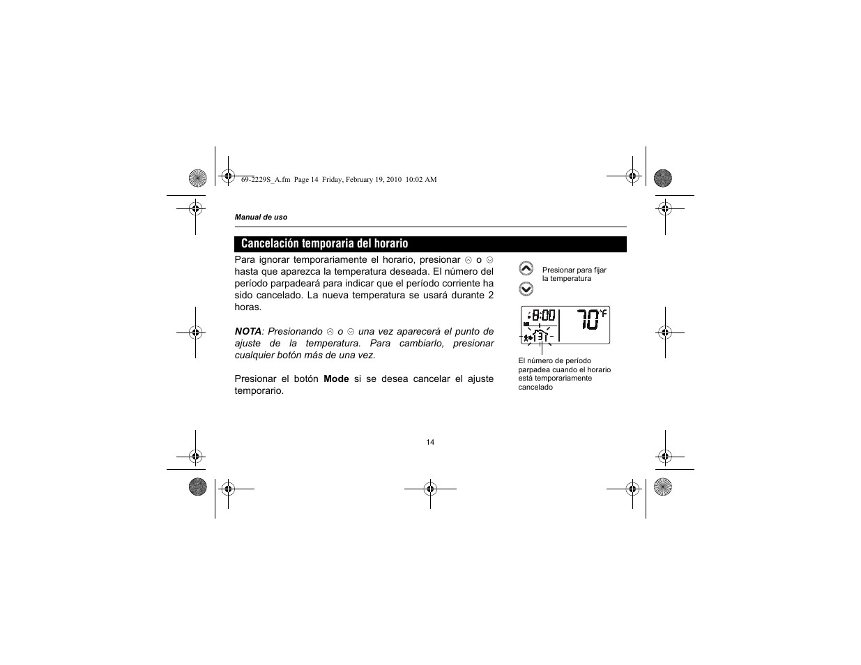 Cancelación temporaria del horario | Honeywell RTH2310 User Manual | Page 38 / 44