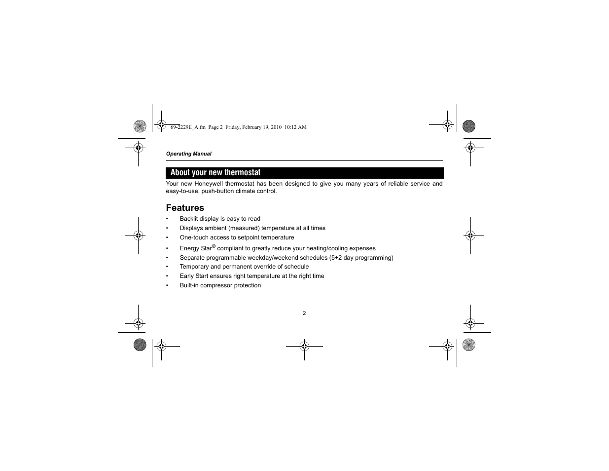 Features, About your new thermostat | Honeywell RTH2310 User Manual | Page 4 / 44