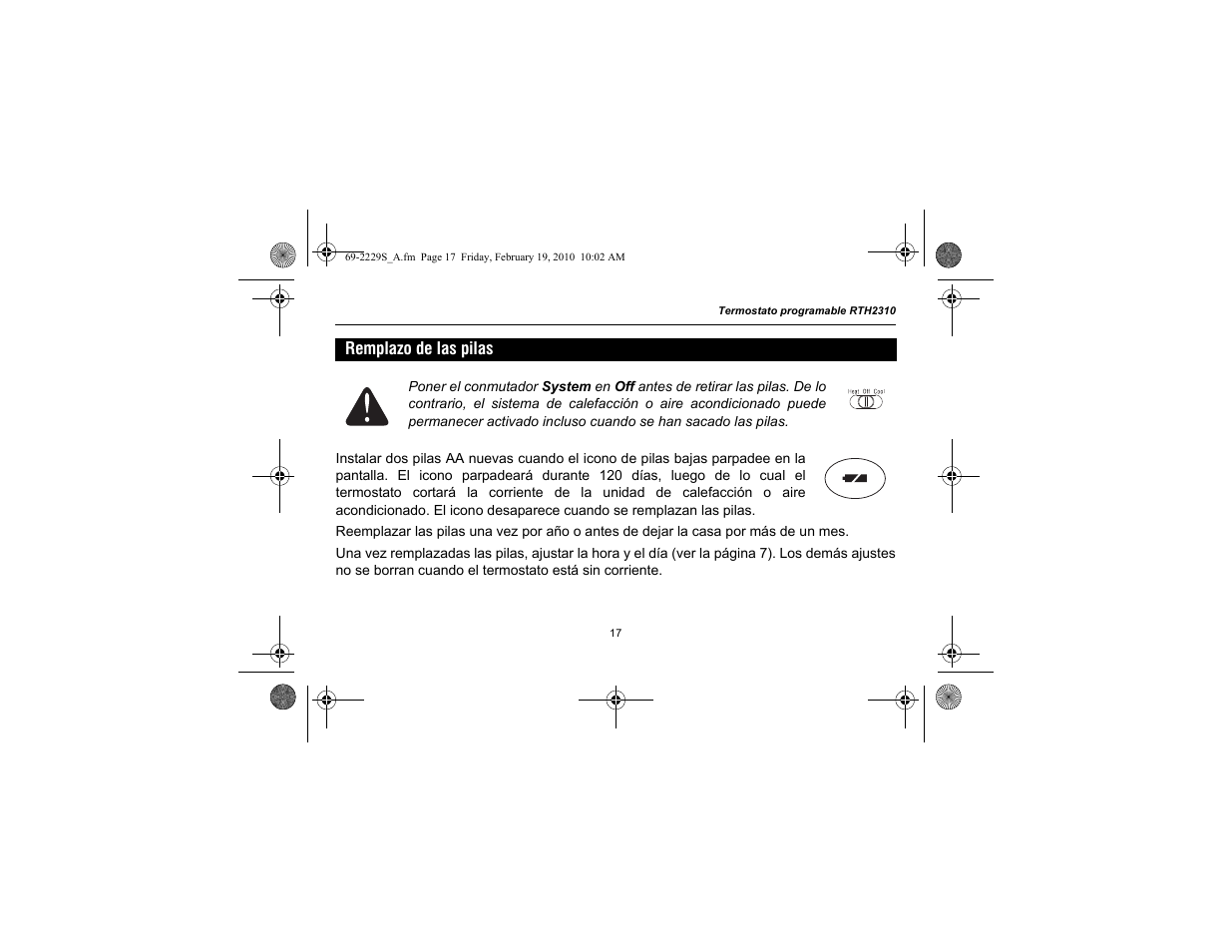 Remplazo de las pilas | Honeywell RTH2310 User Manual | Page 41 / 44