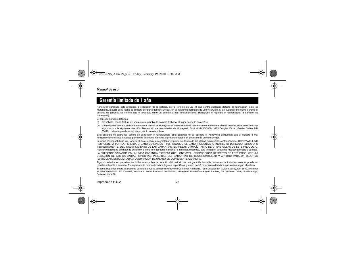 Garantía limitada de 1 año | Honeywell RTH2310 User Manual | Page 44 / 44