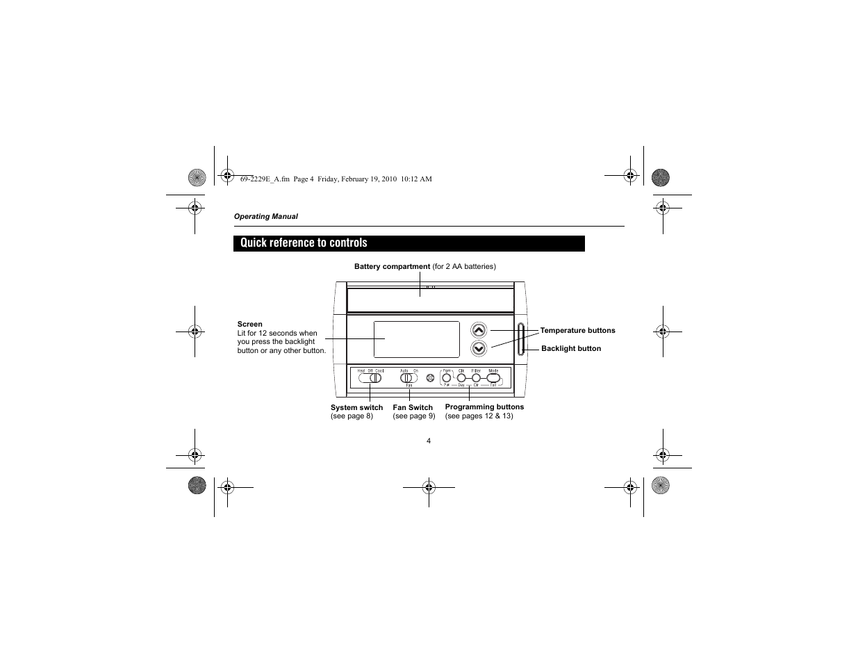 Quick reference to controls | Honeywell RTH2310 User Manual | Page 6 / 44