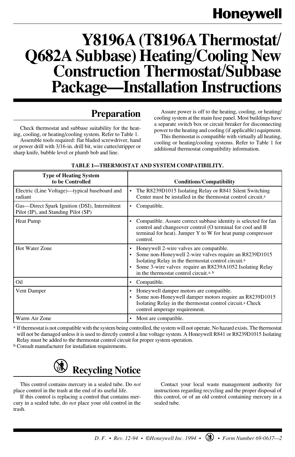 Honeywell Y8196A User Manual | 6 pages