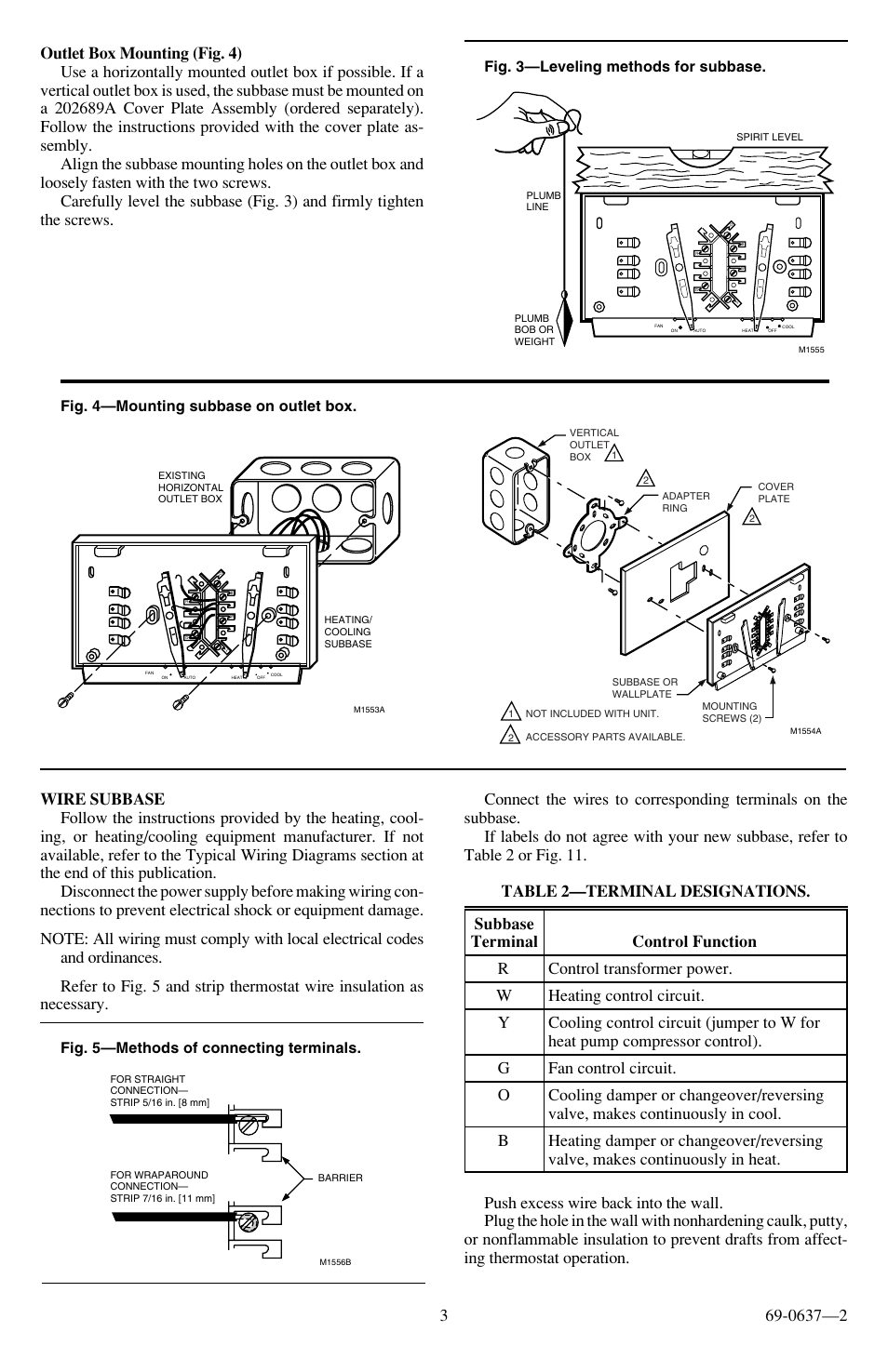 Fig. 3—leveling methods for subbase, Fig. 4—mounting subbase on outlet box, Fig. 5—methods of connecting terminals | Honeywell Y8196A User Manual | Page 3 / 6