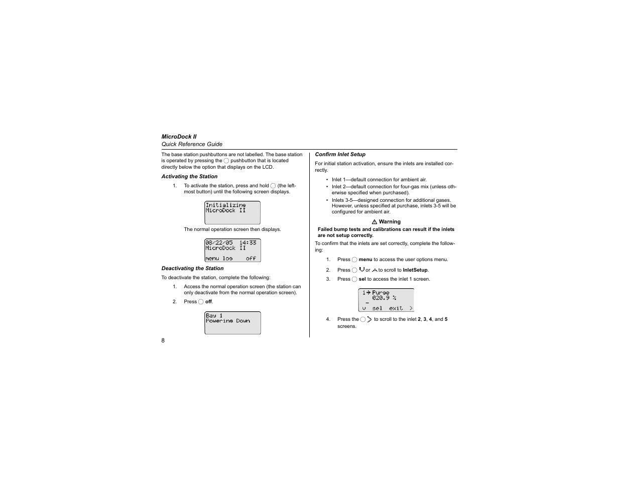 Activating the station, Deactivating the station, Confirm inlet setup | Honeywell MicroDock II User Manual | Page 10 / 19