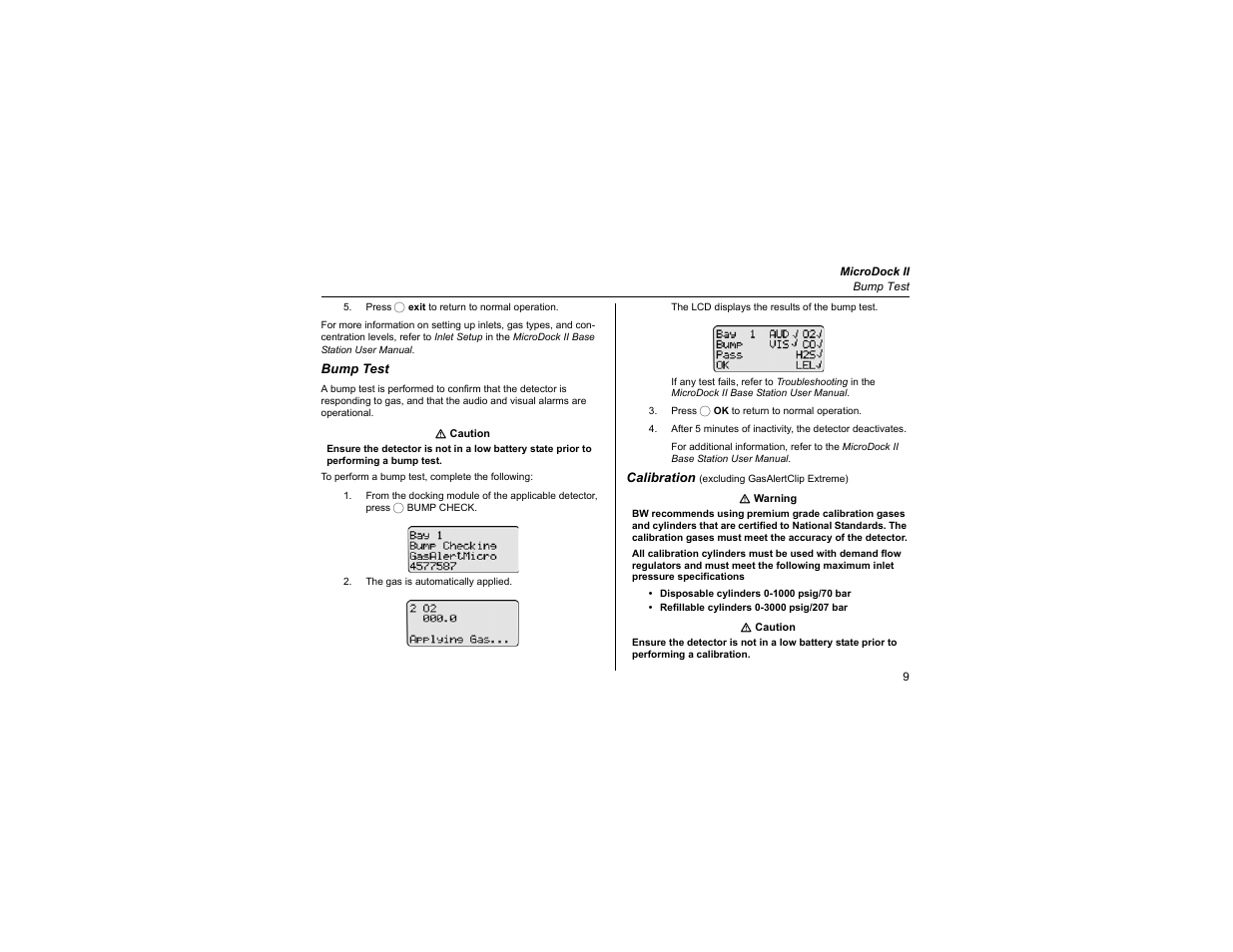 Bump test, Calibration (excluding gasalertclip extreme) | Honeywell MicroDock II User Manual | Page 11 / 19