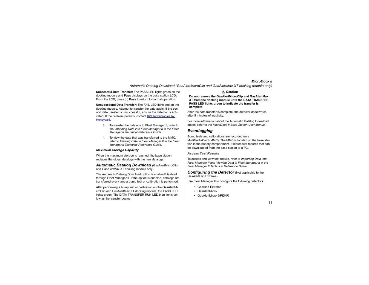 Maximum storage capacity, Eventlogging, Access test results | Honeywell MicroDock II User Manual | Page 13 / 19
