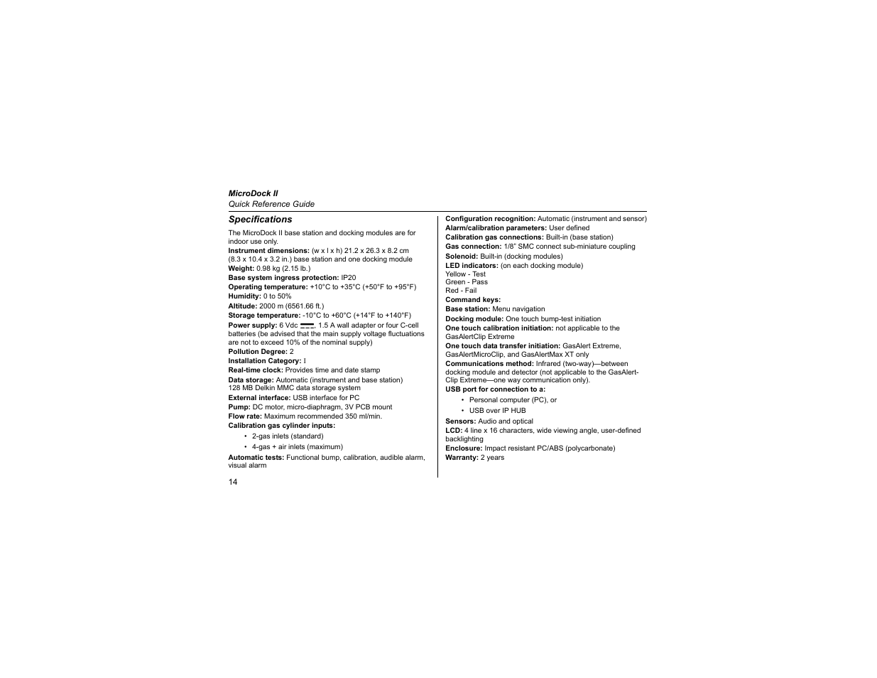 Specifications | Honeywell MicroDock II User Manual | Page 16 / 19