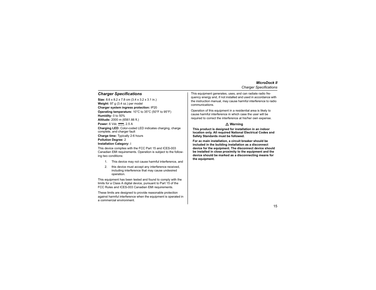 Charger specifications | Honeywell MicroDock II User Manual | Page 17 / 19