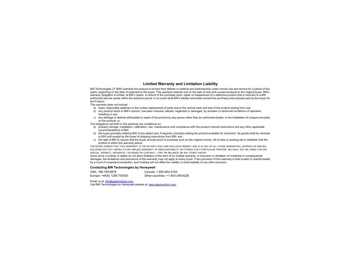 Limited warranty and limitation liability, Contacting bw technologies by honeywell | Honeywell MicroDock II User Manual | Page 2 / 19