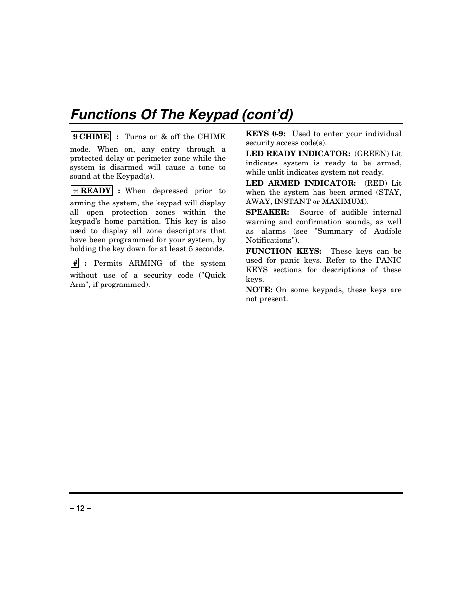 Functions of the keypad (cont’d) | Honeywell SYSTEM OVERVIEW N7003V3 User Manual | Page 12 / 56