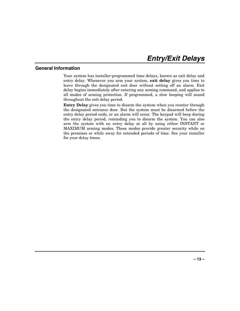 Entry/exit delays | Honeywell SYSTEM OVERVIEW N7003V3 User Manual | Page 13 / 56