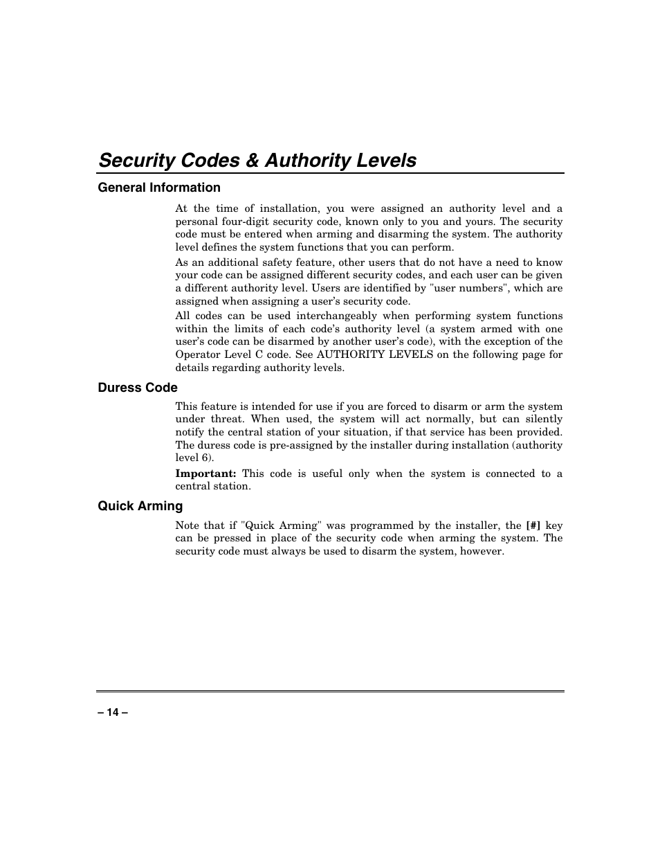 Security codes & authority levels | Honeywell SYSTEM OVERVIEW N7003V3 User Manual | Page 14 / 56