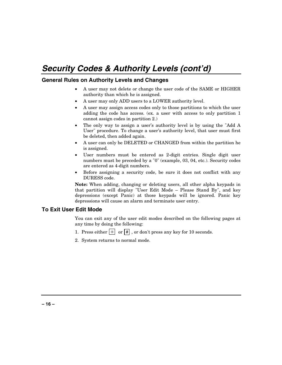 Security codes & authority levels (cont’d) | Honeywell SYSTEM OVERVIEW N7003V3 User Manual | Page 16 / 56