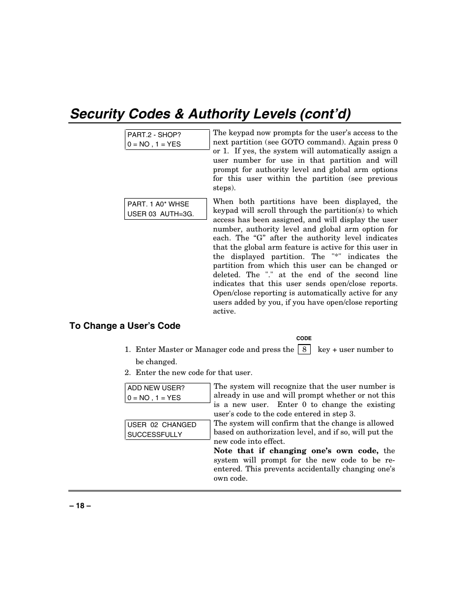 Security codes & authority levels (cont’d) | Honeywell SYSTEM OVERVIEW N7003V3 User Manual | Page 18 / 56