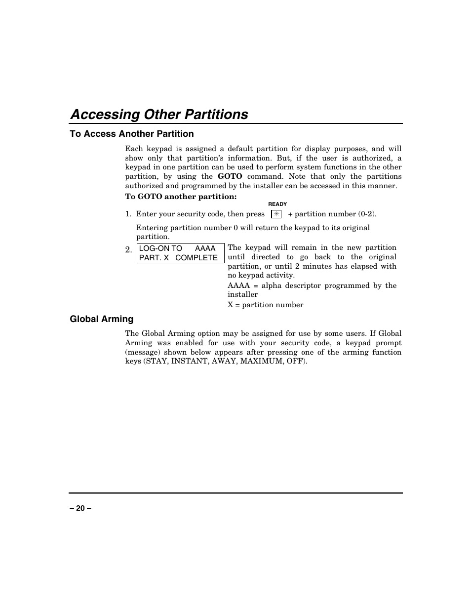 Accessing other partitions | Honeywell SYSTEM OVERVIEW N7003V3 User Manual | Page 20 / 56