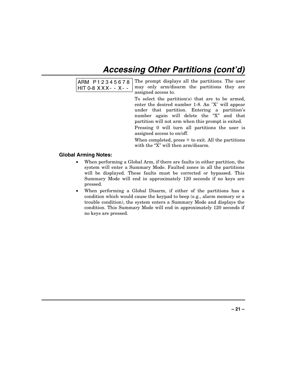 Accessing other partitions (cont’d) | Honeywell SYSTEM OVERVIEW N7003V3 User Manual | Page 21 / 56