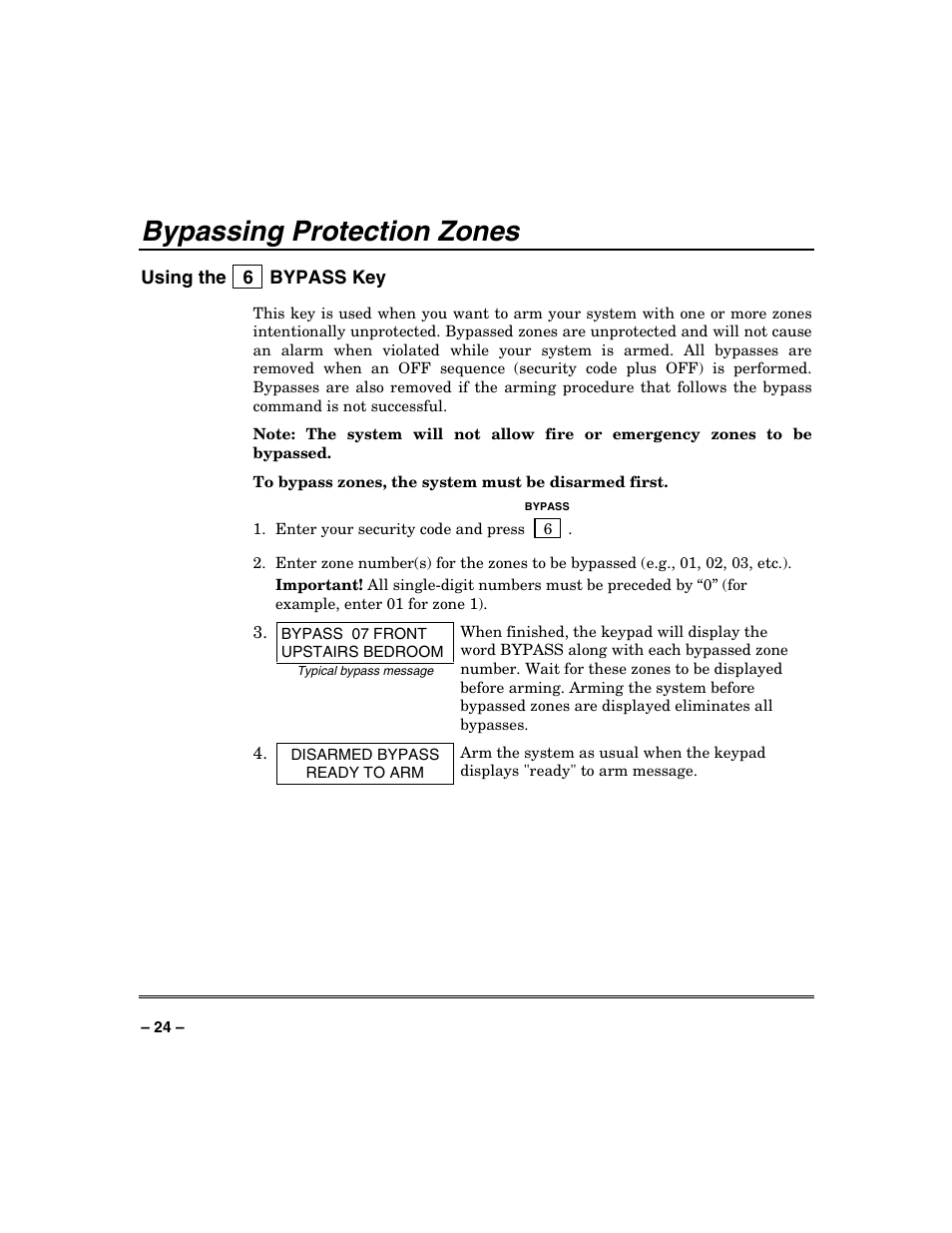 Bypassing protection zones | Honeywell SYSTEM OVERVIEW N7003V3 User Manual | Page 24 / 56