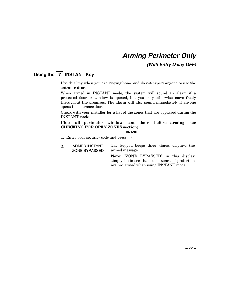 Arming perimeter only | Honeywell SYSTEM OVERVIEW N7003V3 User Manual | Page 27 / 56