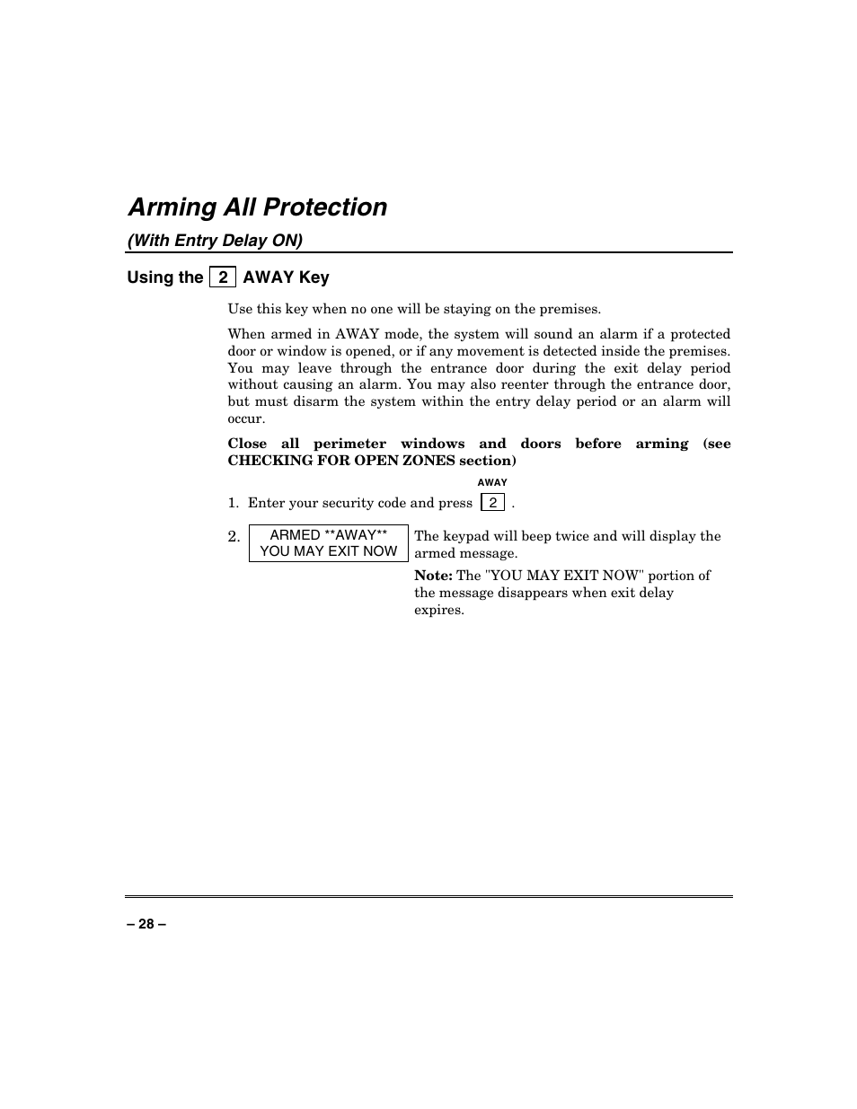 Arming all protection | Honeywell SYSTEM OVERVIEW N7003V3 User Manual | Page 28 / 56