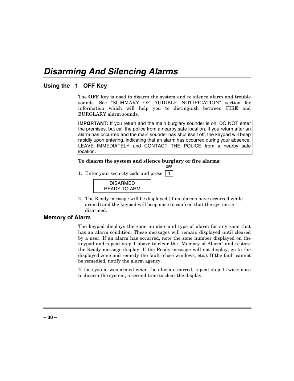 Disarming and silencing alarms | Honeywell SYSTEM OVERVIEW N7003V3 User Manual | Page 30 / 56