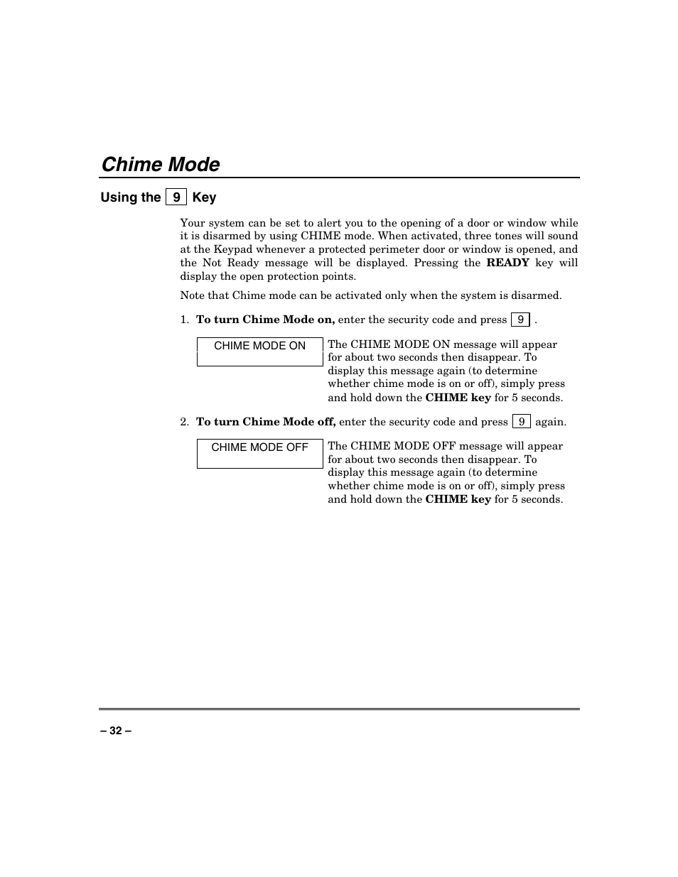 Chime mode | Honeywell SYSTEM OVERVIEW N7003V3 User Manual | Page 32 / 56