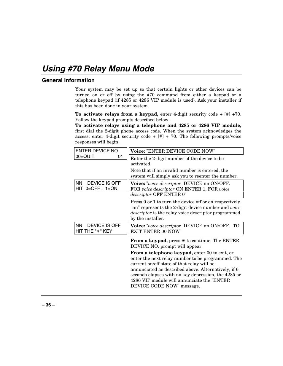 Using #70 relay menu mode | Honeywell SYSTEM OVERVIEW N7003V3 User Manual | Page 36 / 56