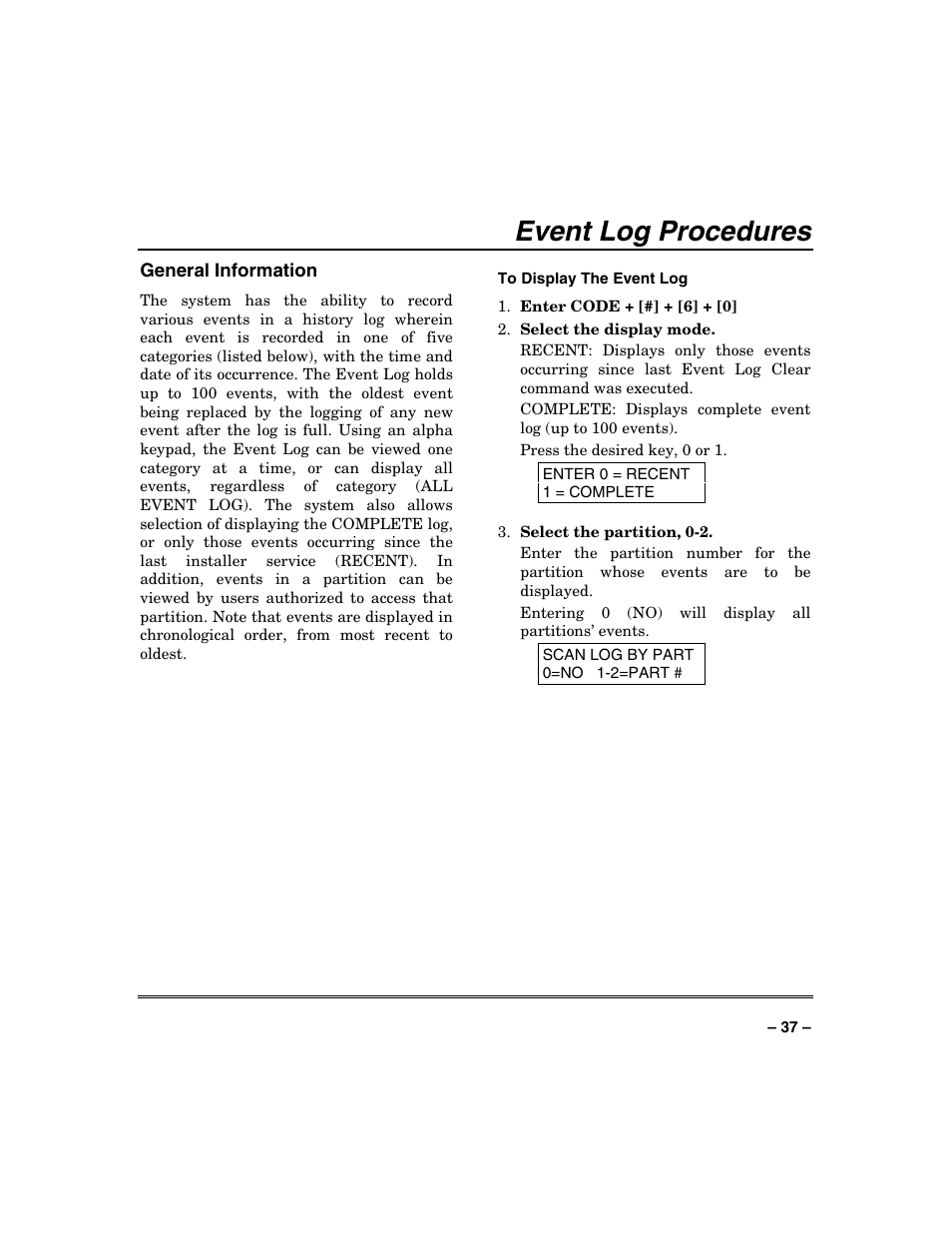 Event log procedures | Honeywell SYSTEM OVERVIEW N7003V3 User Manual | Page 37 / 56