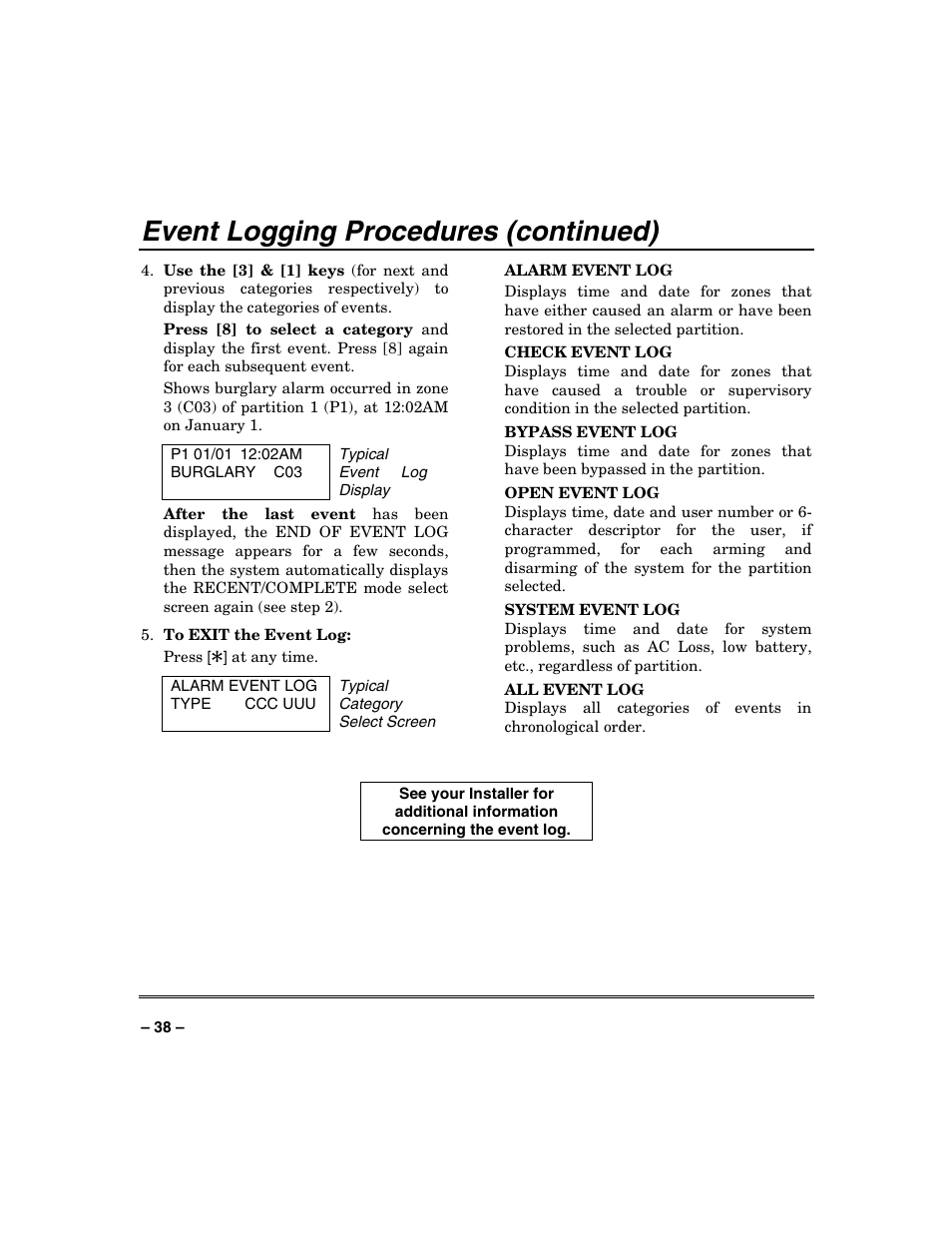 Event logging procedures (continued) | Honeywell SYSTEM OVERVIEW N7003V3 User Manual | Page 38 / 56