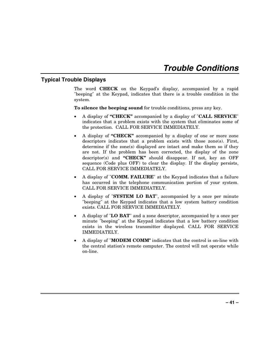 Trouble conditions | Honeywell SYSTEM OVERVIEW N7003V3 User Manual | Page 41 / 56