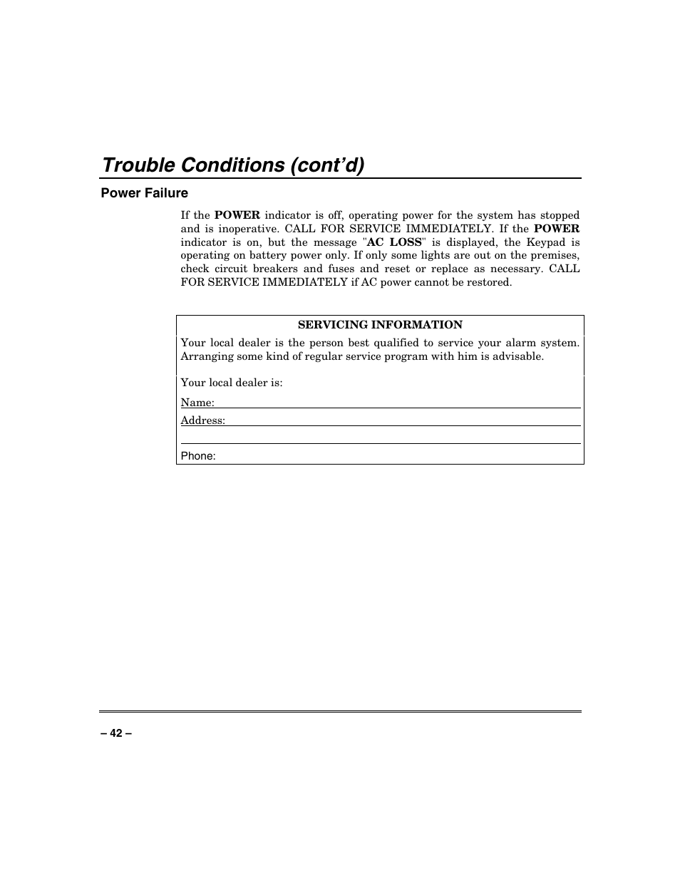 Trouble conditions (cont’d) | Honeywell SYSTEM OVERVIEW N7003V3 User Manual | Page 42 / 56