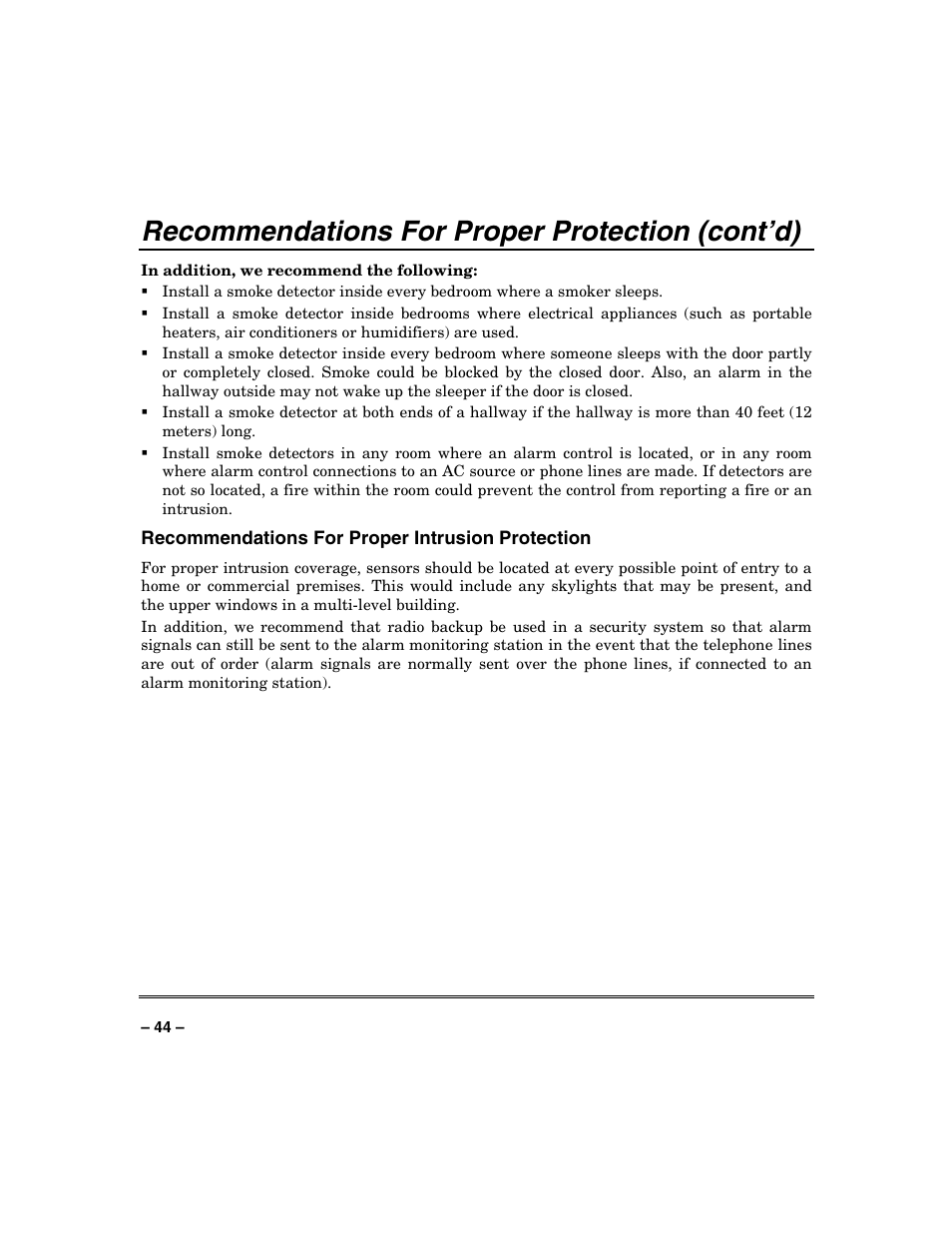 Recommendations for proper protection (cont’d) | Honeywell SYSTEM OVERVIEW N7003V3 User Manual | Page 44 / 56