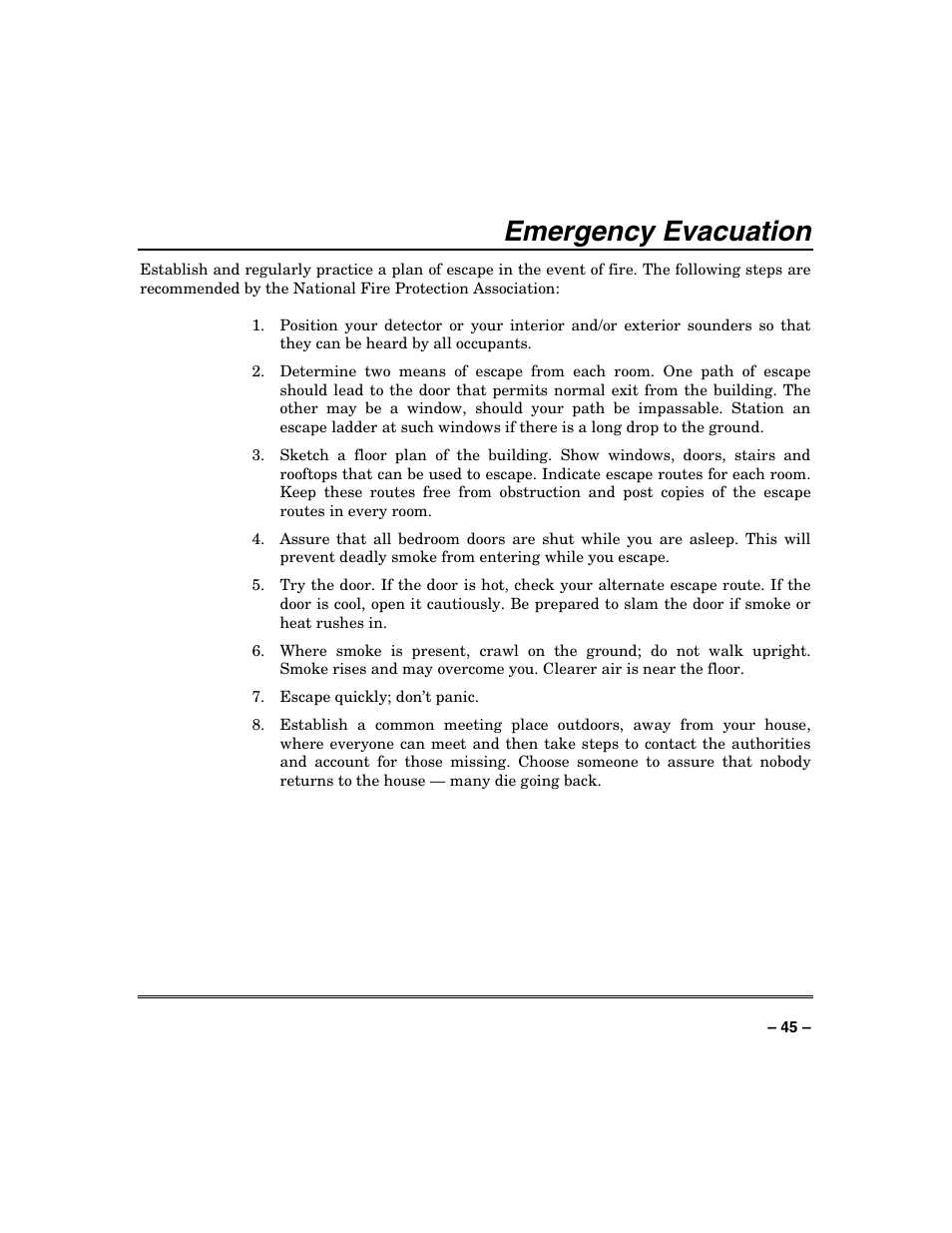 Emergency evacuation | Honeywell SYSTEM OVERVIEW N7003V3 User Manual | Page 45 / 56