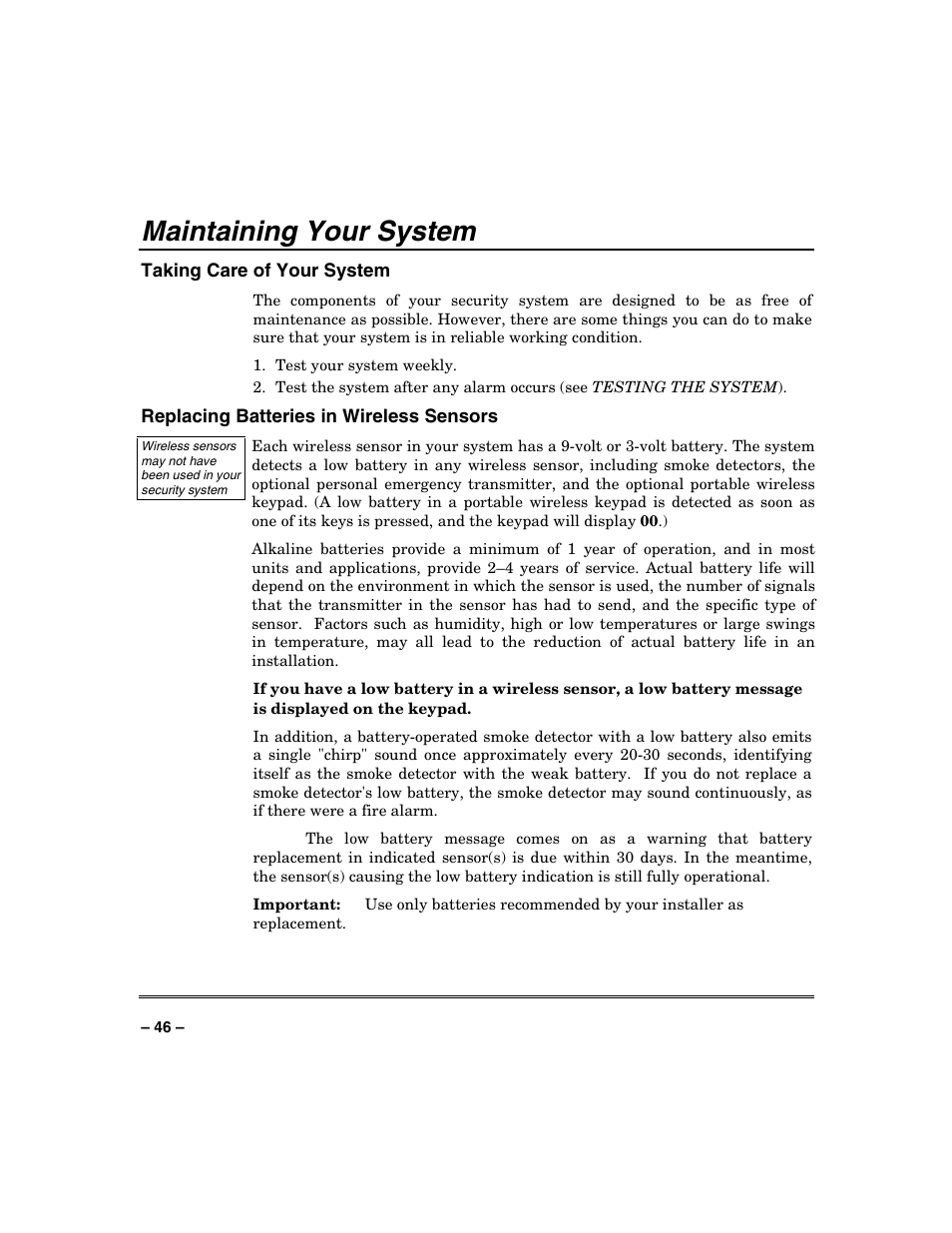 Maintaining your system | Honeywell SYSTEM OVERVIEW N7003V3 User Manual | Page 46 / 56