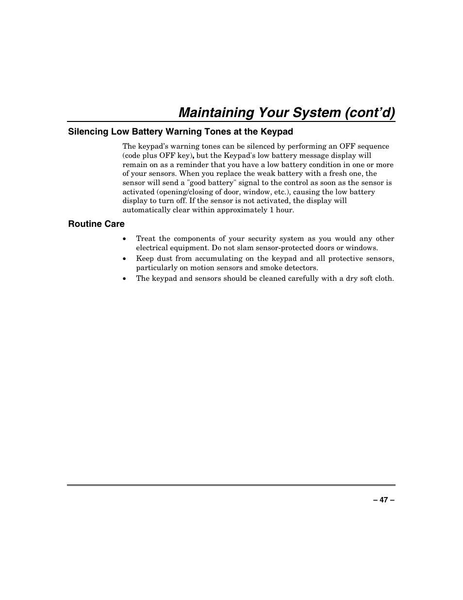 Maintaining your system (cont’d) | Honeywell SYSTEM OVERVIEW N7003V3 User Manual | Page 47 / 56