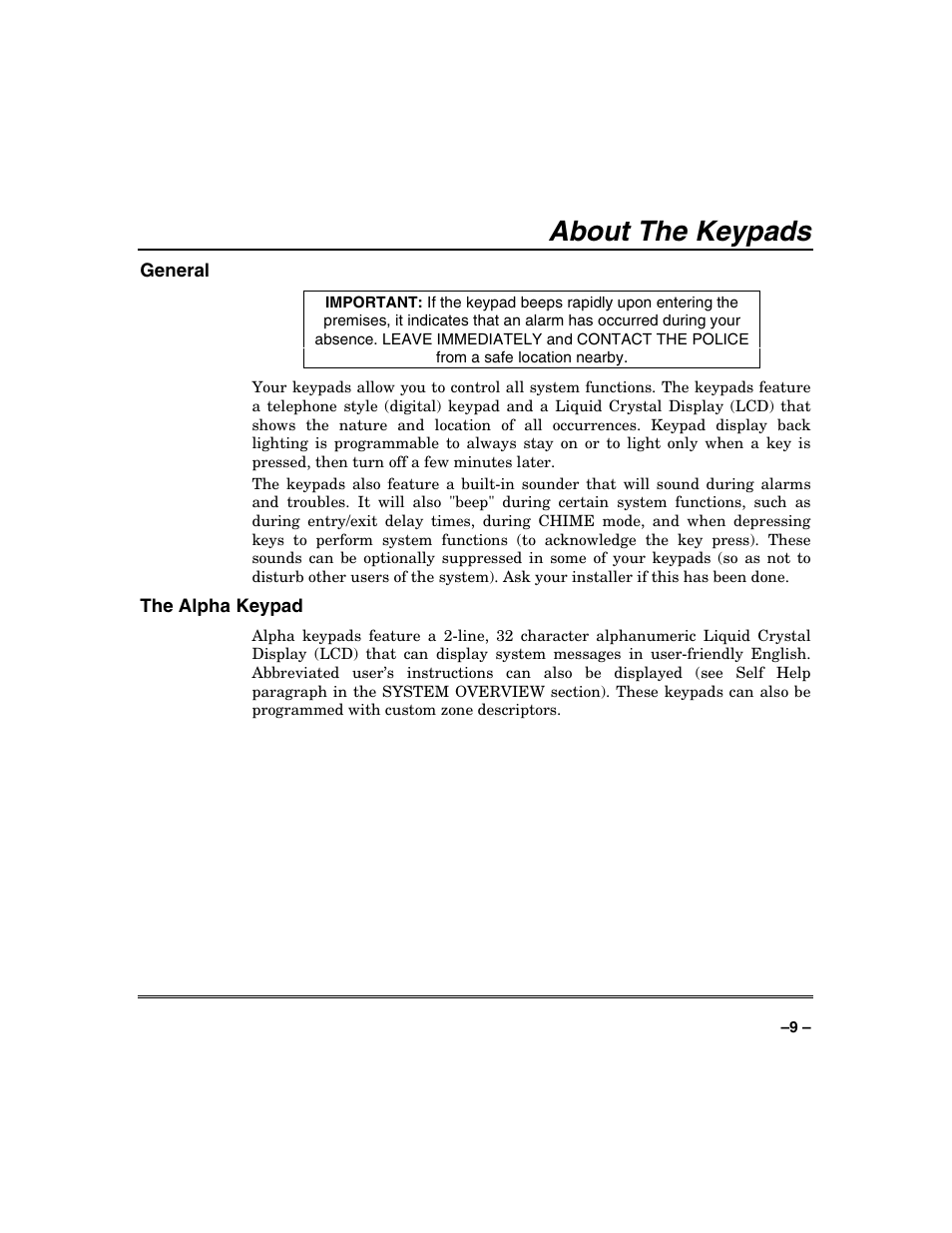 About the keypads | Honeywell SYSTEM OVERVIEW N7003V3 User Manual | Page 9 / 56