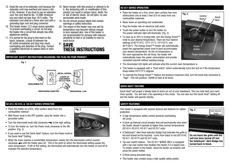 Save these instructions | Honeywell HZ-614 series User Manual | Page 2 / 8