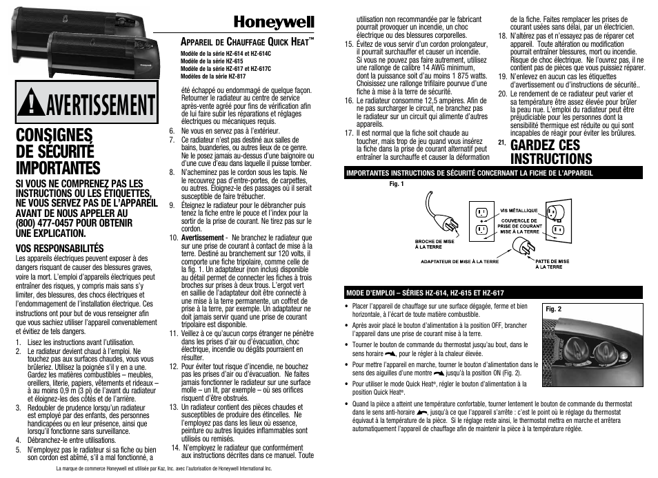 Avertissement, Consignes de sécurité importantes, Gardez ces instructions | Honeywell HZ-614 series User Manual | Page 4 / 8