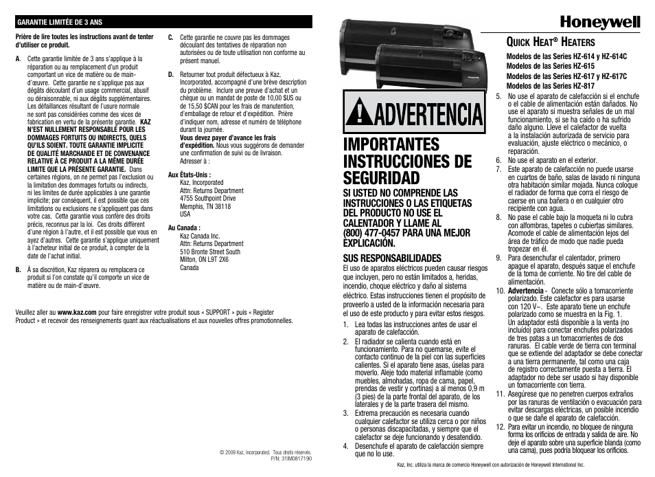 Importantes instrucciones de seguridad | Honeywell HZ-614 series User Manual | Page 6 / 8