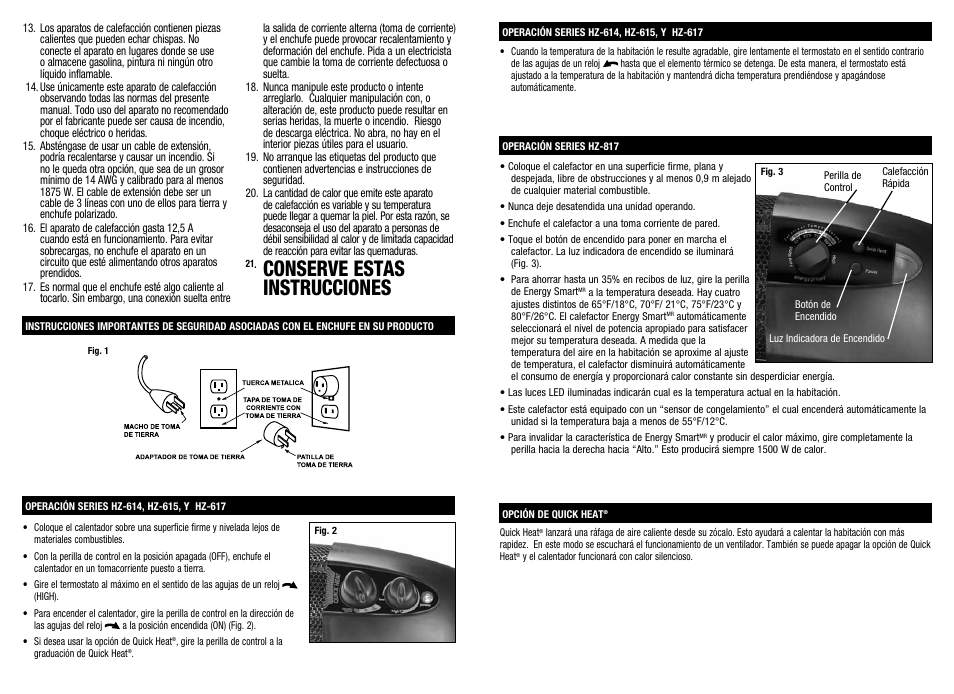 Conserve estas instrucciones | Honeywell HZ-614 series User Manual | Page 7 / 8