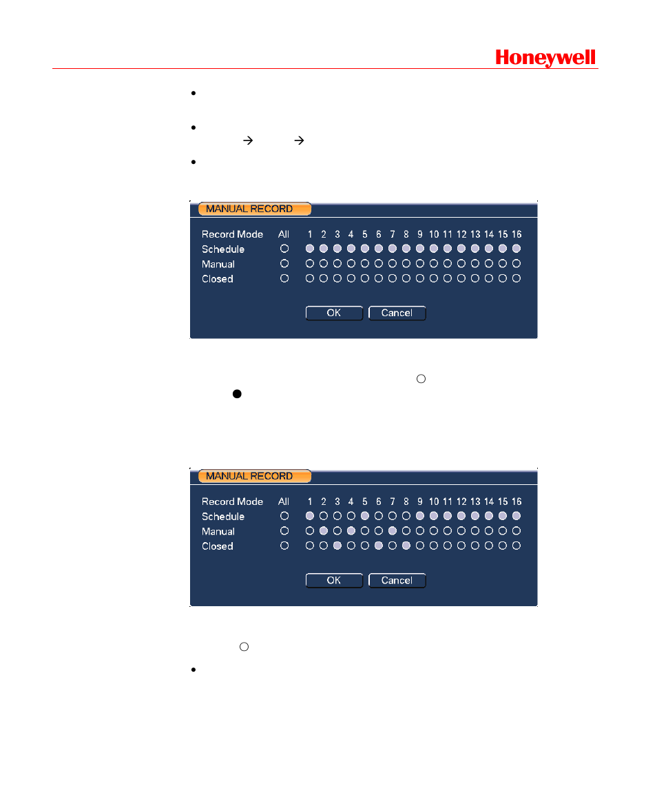 Enable/disable recording in specified channels, Enable/disable recording in all channels, Honeywell | Honeywell HD-DVR-1016 User Manual | Page 43 / 182
