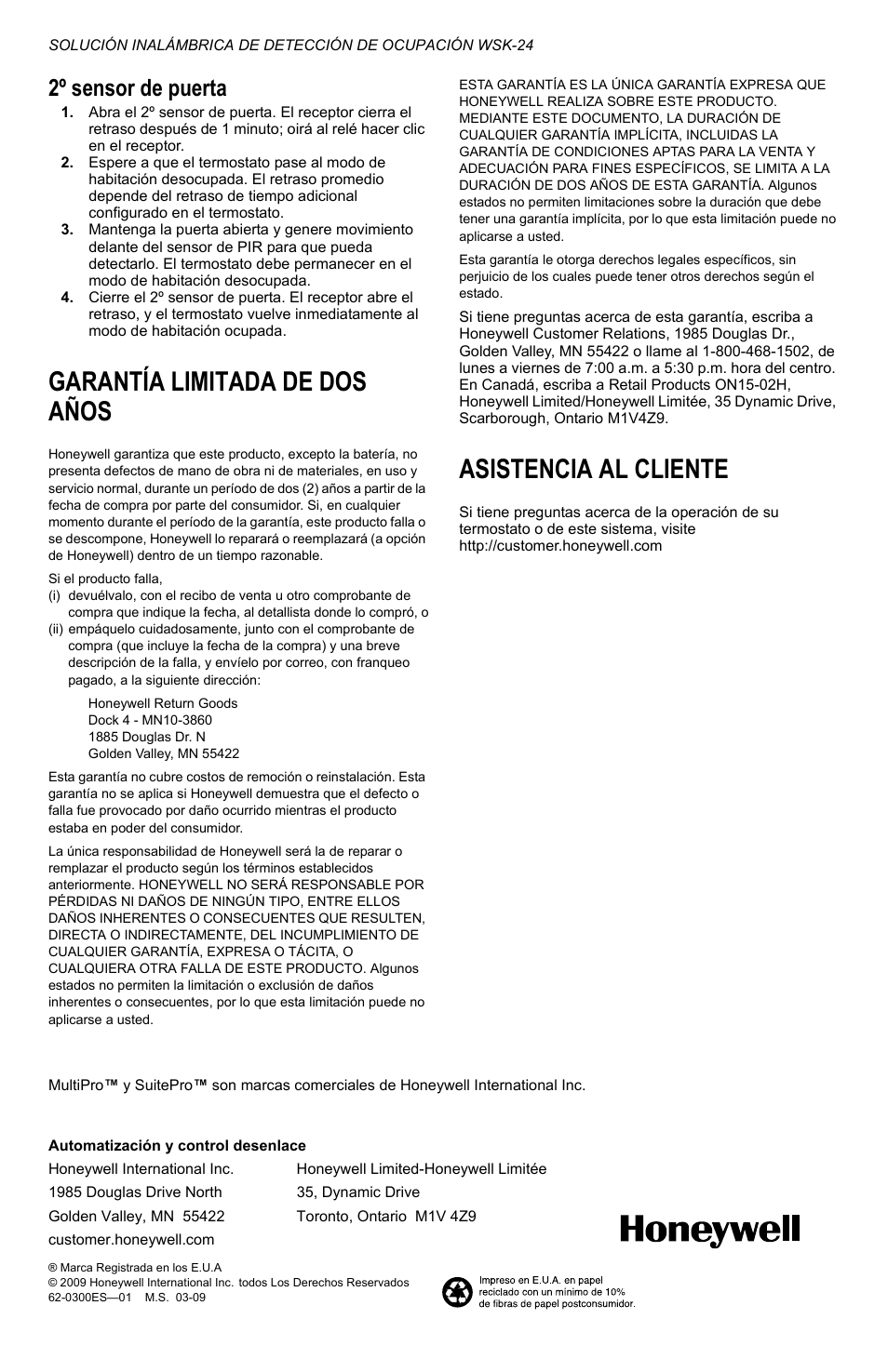 2º sensor de puerta, Garantía limitada de dos años, Asistencia al cliente | Honeywell WSK-24 User Manual | Page 16 / 16