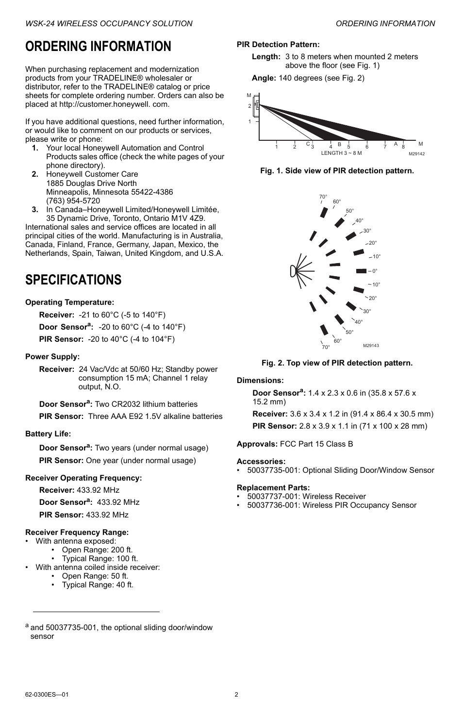 Ordering information, Specifications, Ordering information specifications | Honeywell WSK-24 User Manual | Page 2 / 16