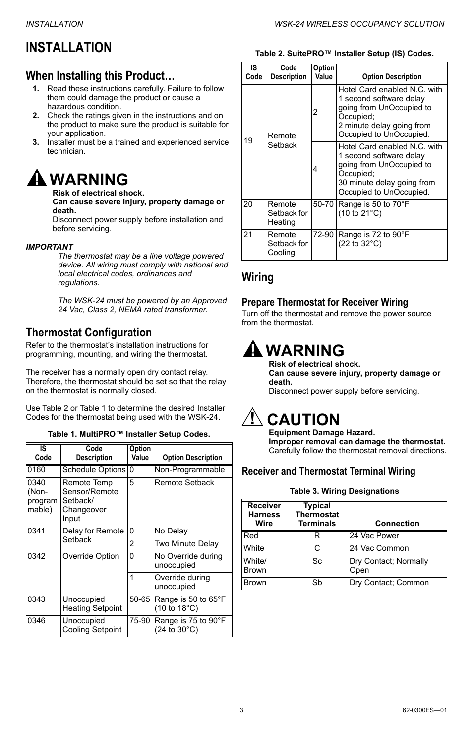 Installation, When installing this product, Thermostat configuration | Wiring, Thermostat configuration wiring, Warning, Caution, Prepare thermostat for receiver wiring, Receiver and thermostat terminal wiring | Honeywell WSK-24 User Manual | Page 3 / 16