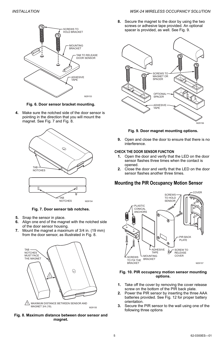 Mounting the pir occupancy motion sensor, Installation wsk-24 wireless occupancy solution | Honeywell WSK-24 User Manual | Page 5 / 16